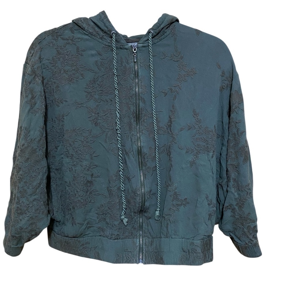Anthropologie Saturday Sunday Zip Up Embroidered Gray/Green Hoodie in Size Small